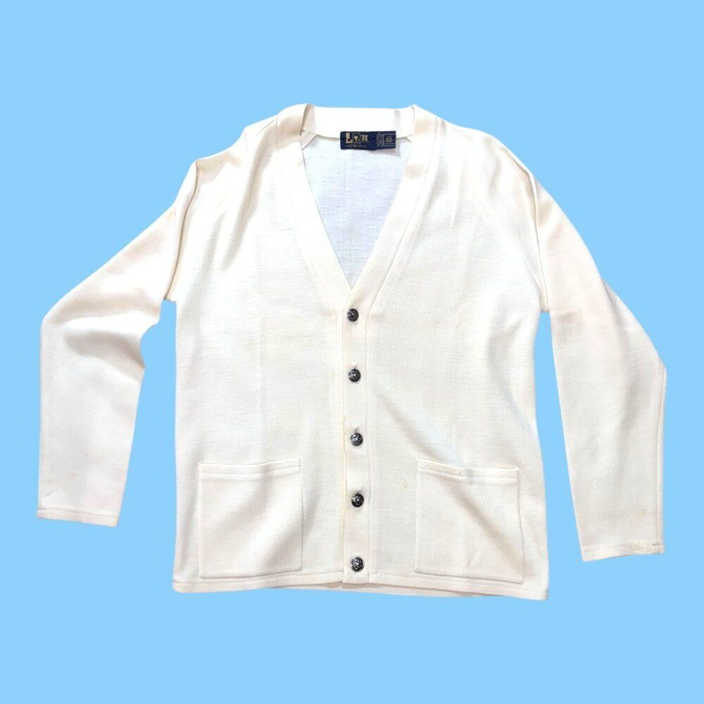 Vintage Le Roy Men Cardigan Sweater Button-Up Knit White Wool Grandpa Core SEE